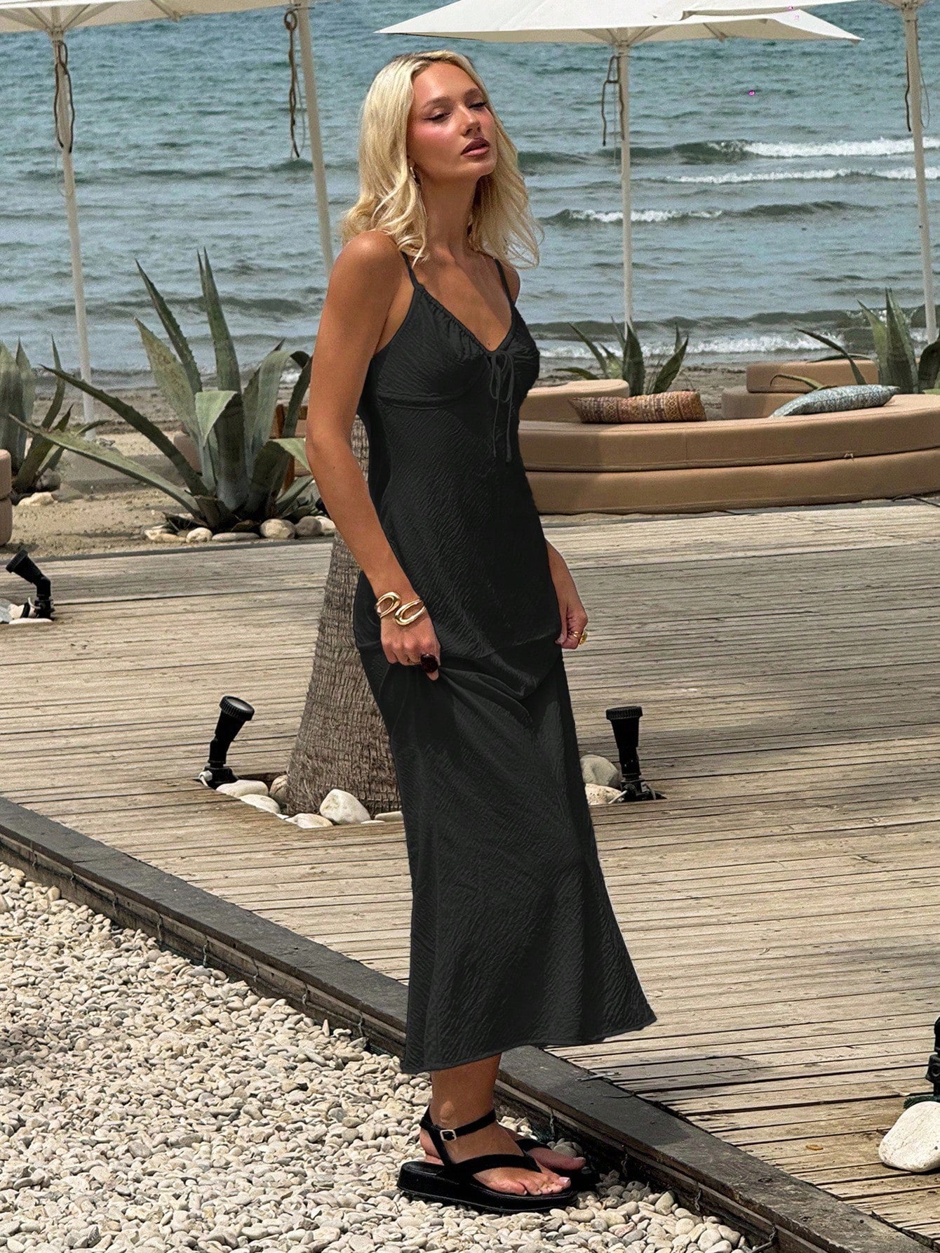 EZwear Women's Black Summer Modest Holiday Vacation Slip Dress,V-Neck Fishtail Hem Bohemian Beach Seaside Lace-Up Slim Adjustable Strap Long Wedding Guest