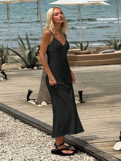 EZwear Women's Black Summer Modest Holiday Vacation Slip Dress,V-Neck Fishtail Hem Bohemian Beach Seaside Lace-Up Slim Adjustable Strap Long Wedding Guest