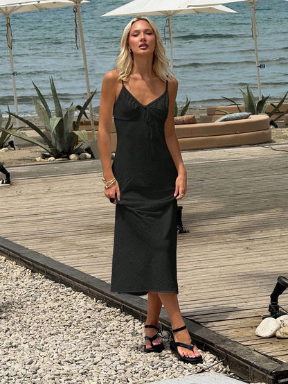 EZwear Women's Black Summer Modest Holiday Vacation Slip Dress,V-Neck Fishtail Hem Bohemian Beach Seaside Lace-Up Slim Adjustable Strap Long Wedding Guest