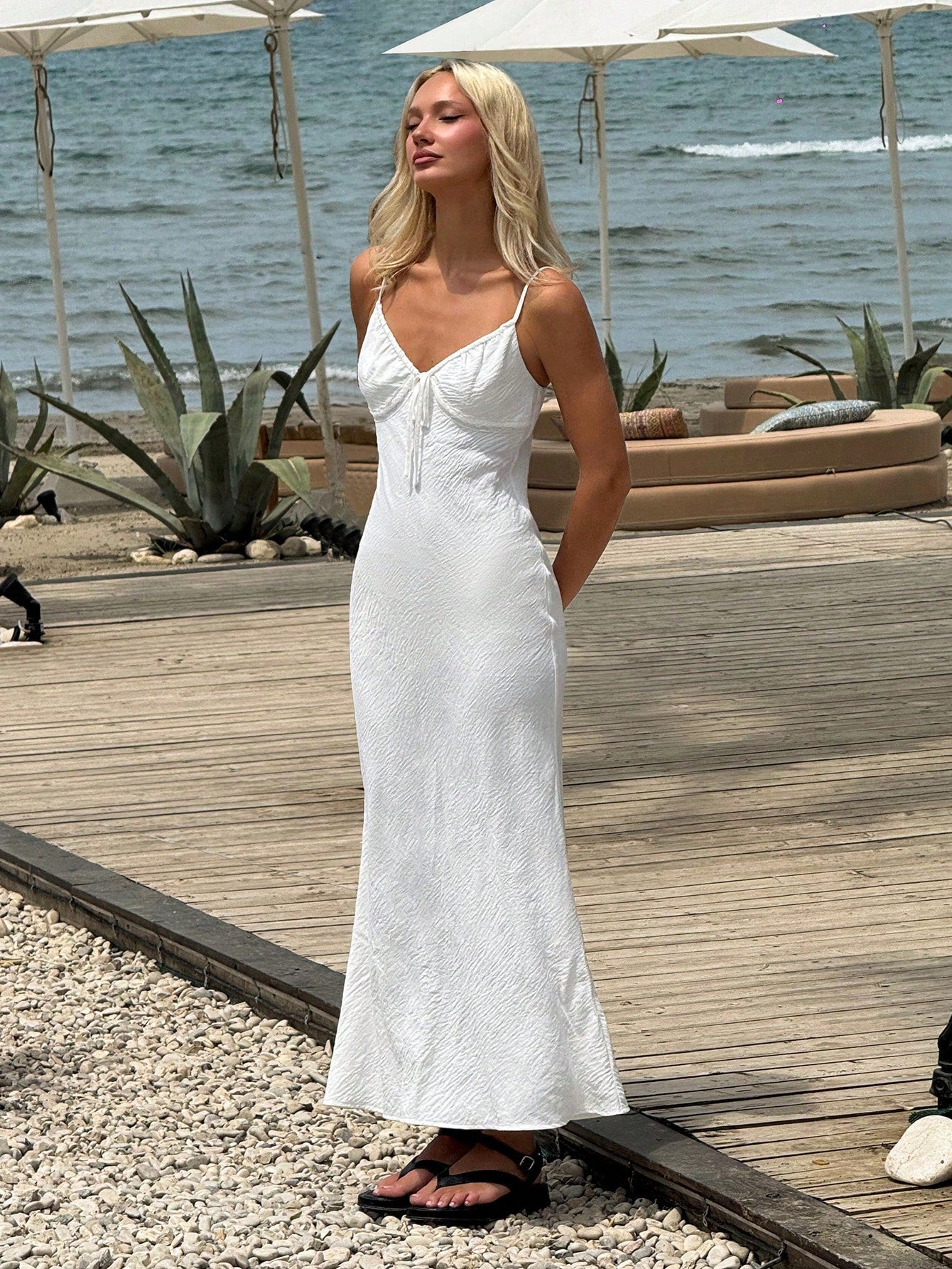 EZwear Women's Black Summer Modest Holiday Vacation Slip Dress,V-Neck Fishtail Hem Bohemian Beach Seaside Lace-Up Slim Adjustable Strap Long Wedding Guest