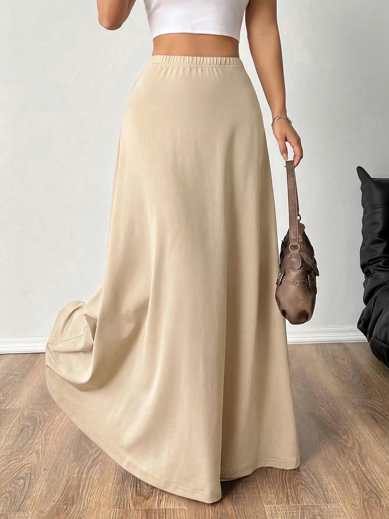 EZwear Women's Elastic Waist Solid Color Minimalist A-Line Long Skirt, Casual Asymmetric Fitted Natural Khaki Dress, Suitable For Spring/Autumn Daily Wear