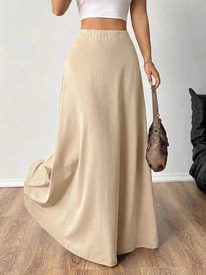 EZwear Women's Elastic Waist Solid Color Minimalist A-Line Long Skirt, Casual Asymmetric Fitted Natural Khaki Dress, Suitable For Spring/Autumn Daily Wear