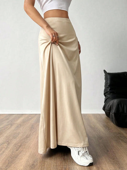 EZwear Women's Elastic Waist Solid Color Minimalist A-Line Long Skirt, Casual Asymmetric Fitted Natural Khaki Dress, Suitable For Spring/Autumn Daily Wear
