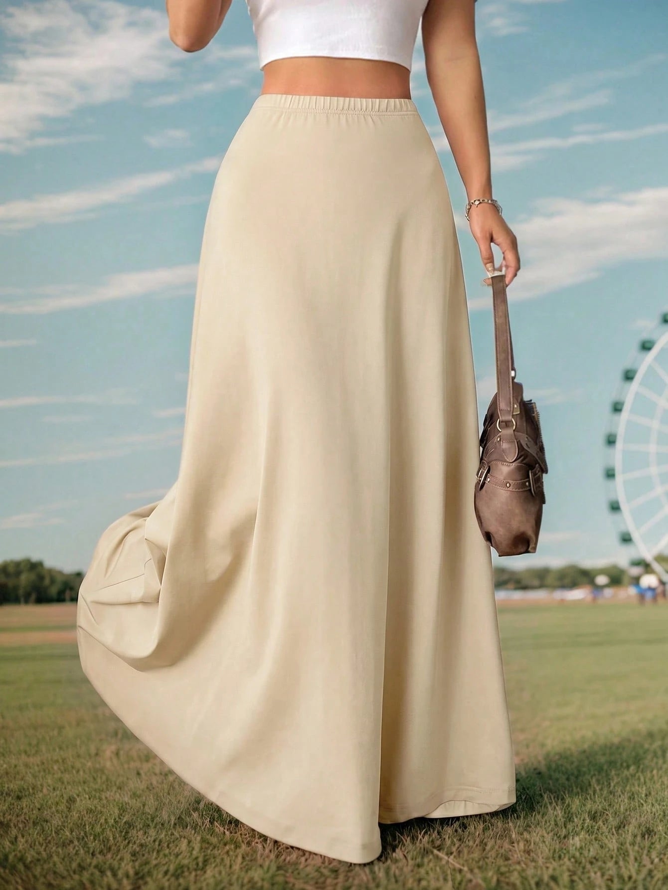 EZwear Women's Elastic Waist Solid Color Minimalist A-Line Long Skirt, Casual Asymmetric Fitted Natural Khaki Dress, Suitable For Spring/Autumn Daily Wear