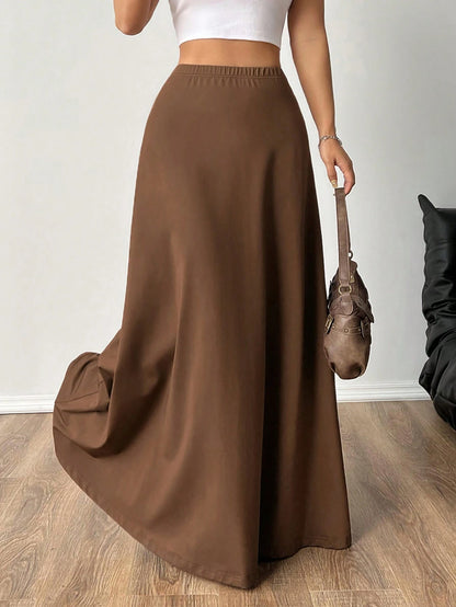 EZwear Women's Elastic Waist Solid Color Minimalist A-Line Long Skirt, Casual Asymmetric Fitted Natural Khaki Dress, Suitable For Spring/Autumn Daily Wear