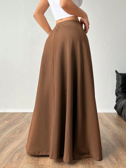 EZwear Women's Elastic Waist Solid Color Minimalist A-Line Long Skirt, Casual Asymmetric Fitted Natural Khaki Dress, Suitable For Spring/Autumn Daily Wear