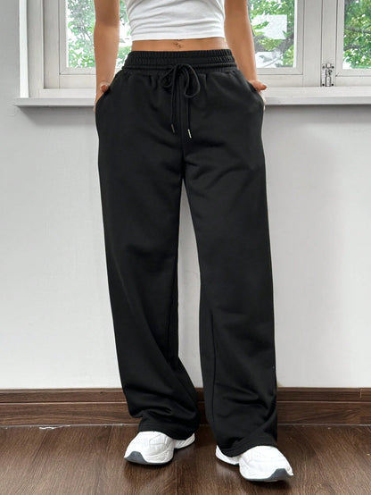 EZwear Women's Knitted Casual Sporty Style, Navy Blue And White Striped Letter Print Drawstring Wide-Leg Sweatpants
