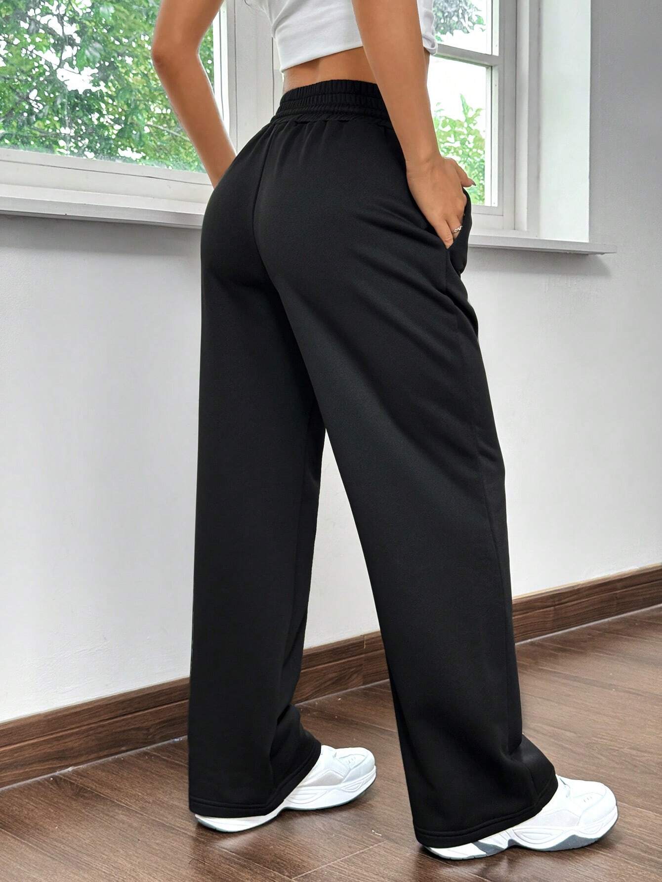 EZwear Women's Knitted Casual Sporty Style, Navy Blue And White Striped Letter Print Drawstring Wide-Leg Sweatpants