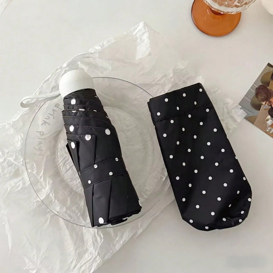 Fashion Capsule Polka Dot Compact Portable Black Vinyl UV Protection Sun And Rain Umbrella For Women