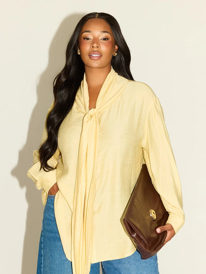 FASHION SZN Plus Size Plus Size Casual Shirt With Tie Neck Classy Chic Elegant Smart Butter Yellow Lemon Loose Fit Comfy Travel City Break Work Wear