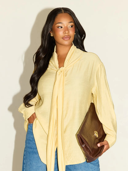 FASHION SZN Plus Size Plus Size Casual Shirt With Tie Neck Classy Chic Elegant Smart Butter Yellow Lemon Loose Fit Comfy Travel City Break Work Wear