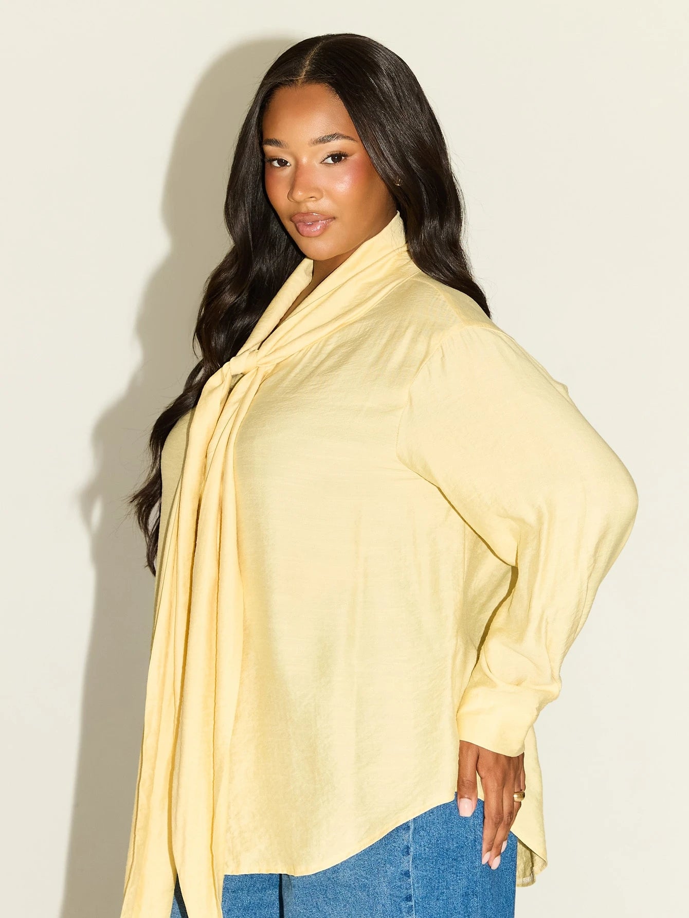 FASHION SZN Plus Size Plus Size Casual Shirt With Tie Neck Classy Chic Elegant Smart Butter Yellow Lemon Loose Fit Comfy Travel City Break Work Wear