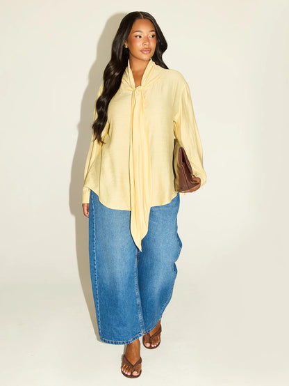 FASHION SZN Plus Size Plus Size Casual Shirt With Tie Neck Classy Chic Elegant Smart Butter Yellow Lemon Loose Fit Comfy Travel City Break Work Wear