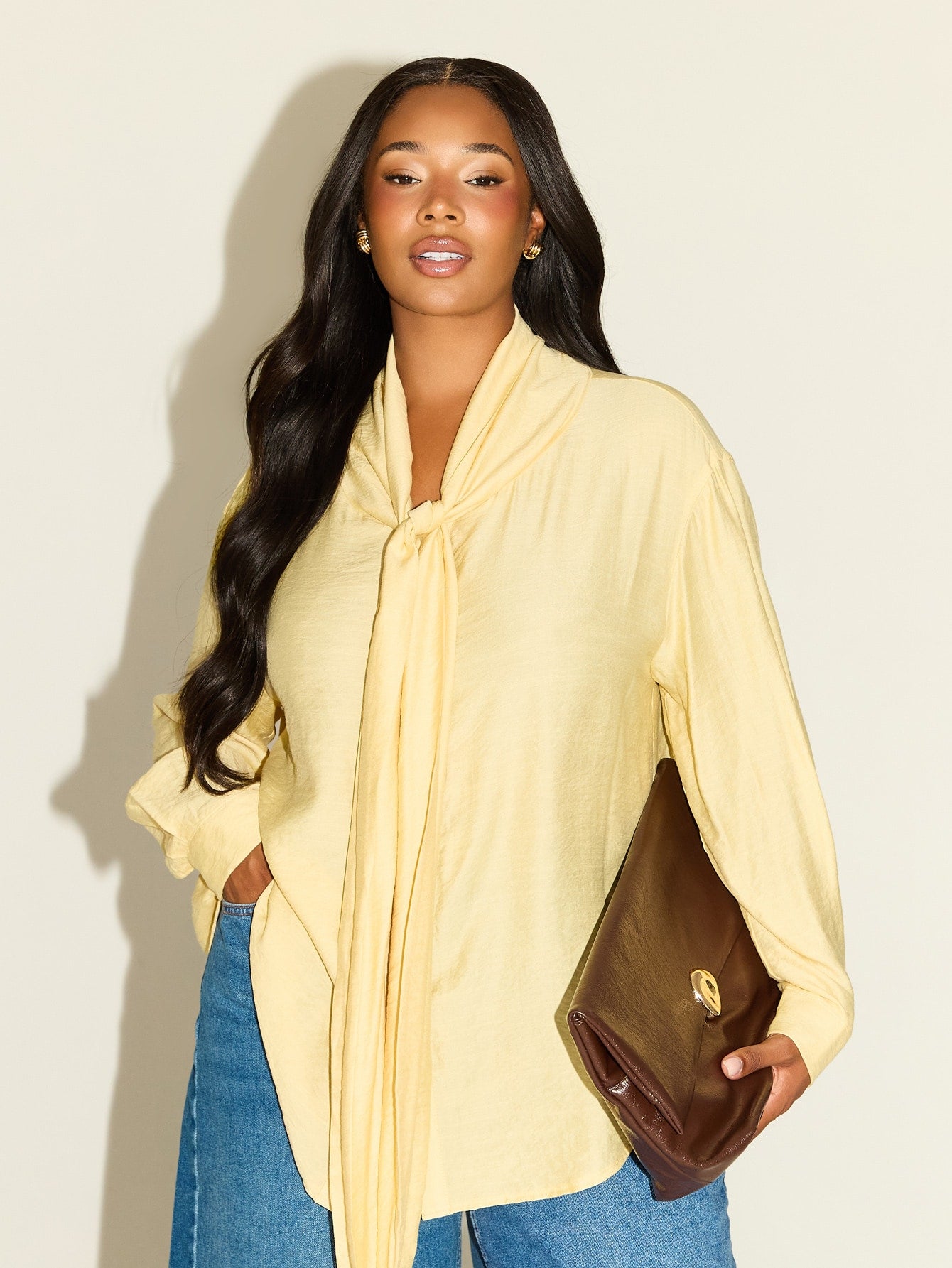 FASHION SZN Plus Size Plus Size Casual Shirt With Tie Neck Classy Chic Elegant Smart Butter Yellow Lemon Loose Fit Comfy Travel City Break Work Wear
