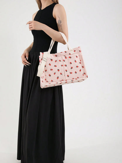 Fashionable Casual Multi-Pocket Lightweight Shopping Bag With Strawberry Pattern, Simple Large Capacity Tote Bag, Adjustable Shoulder Strap, Suitable For Girls And Women For Shopping, Commuting, Hospi