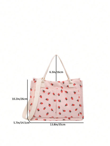 Fashionable Casual Multi-Pocket Lightweight Shopping Bag With Strawberry Pattern, Simple Large Capacity Tote Bag, Adjustable Shoulder Strap, Suitable For Girls And Women For Shopping, Commuting, Hospi