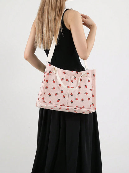 Fashionable Casual Multi-Pocket Lightweight Shopping Bag With Strawberry Pattern, Simple Large Capacity Tote Bag, Adjustable Shoulder Strap, Suitable For Girls And Women For Shopping, Commuting, Hospi