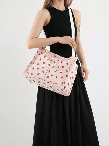 Fashionable Casual Multi-Pocket Lightweight Shopping Bag With Strawberry Pattern, Simple Large Capacity Tote Bag, Adjustable Shoulder Strap, Suitable For Girls And Women For Shopping, Commuting, Hospi