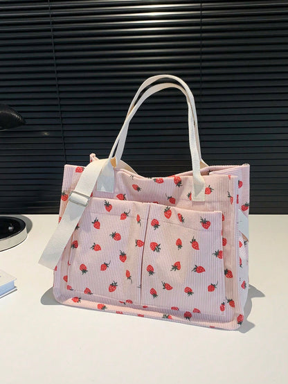 Fashionable Casual Multi-Pocket Lightweight Shopping Bag With Strawberry Pattern, Simple Large Capacity Tote Bag, Adjustable Shoulder Strap, Suitable For Girls And Women For Shopping, Commuting, Hospi