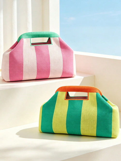 Fashionable New Color-Block Striped Clutch Bag, Handheld Design Knit Tote Bag With Clasp, Suitable For Party, Gathering, Evening Dinner, Vacation, Travel, Beach, Daily Commute, Shopping, Gift For Frie