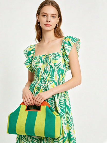 Fashionable New Color-Block Striped Clutch Bag, Handheld Design Knit Tote Bag With Clasp, Suitable For Party, Gathering, Evening Dinner, Vacation, Travel, Beach, Daily Commute, Shopping, Gift For Frie