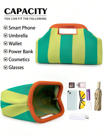 Fashionable New Color-Block Striped Clutch Bag, Handheld Design Knit Tote Bag With Clasp, Suitable For Party, Gathering, Evening Dinner, Vacation, Travel, Beach, Daily Commute, Shopping, Gift For Frie