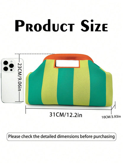 Fashionable New Color-Block Striped Clutch Bag, Handheld Design Knit Tote Bag With Clasp, Suitable For Party, Gathering, Evening Dinner, Vacation, Travel, Beach, Daily Commute, Shopping, Gift For Frie