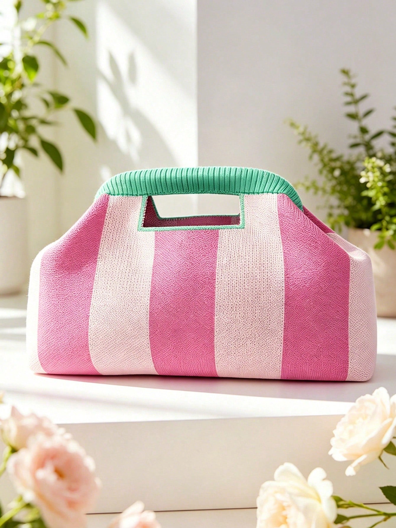 Fashionable New Color-Block Striped Clutch Bag, Handheld Design Knit Tote Bag With Clasp, Suitable For Party, Gathering, Evening Dinner, Vacation, Travel, Beach, Daily Commute, Shopping, Gift For Frie