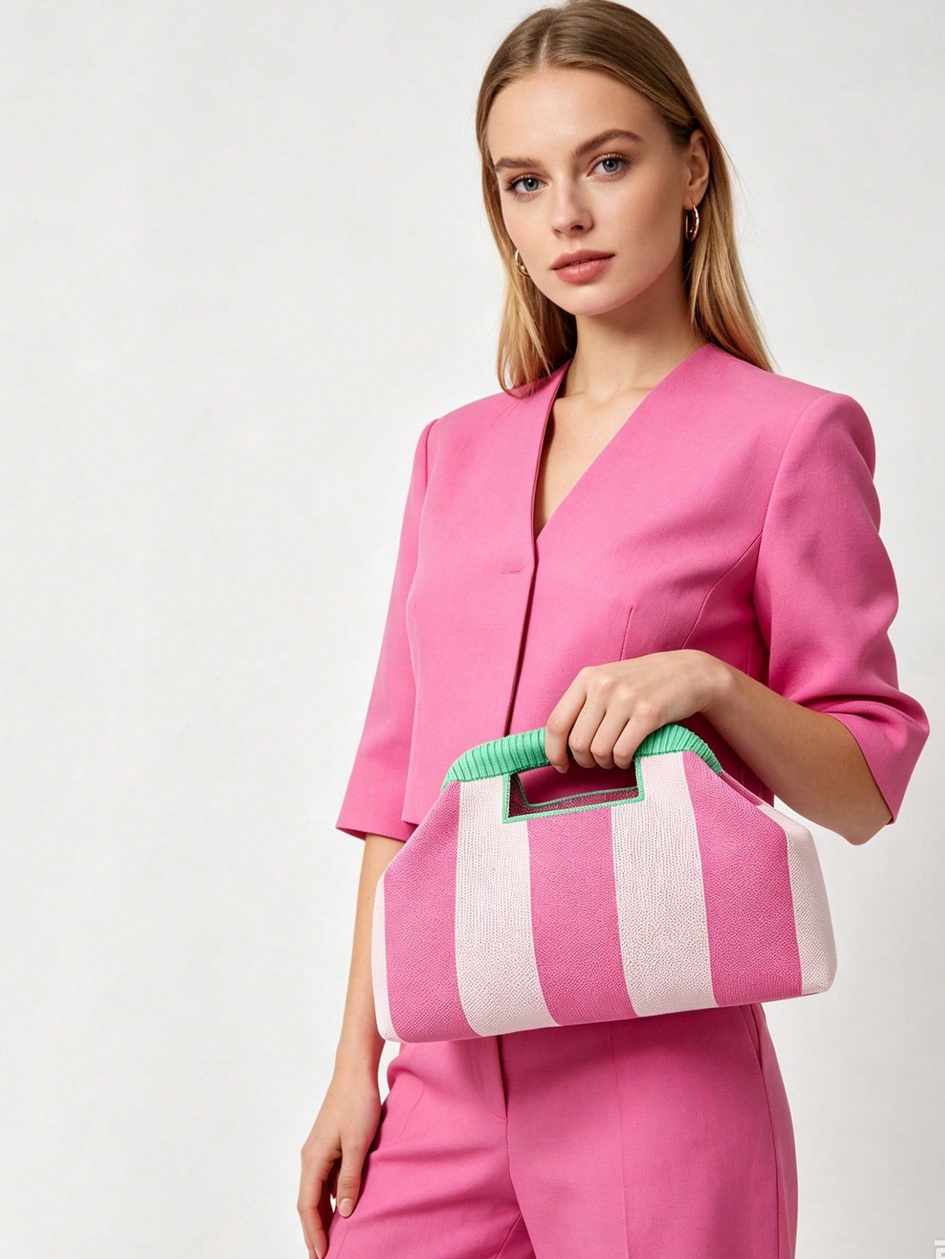 Fashionable New Color-Block Striped Clutch Bag, Handheld Design Knit Tote Bag With Clasp, Suitable For Party, Gathering, Evening Dinner, Vacation, Travel, Beach, Daily Commute, Shopping, Gift For Frie