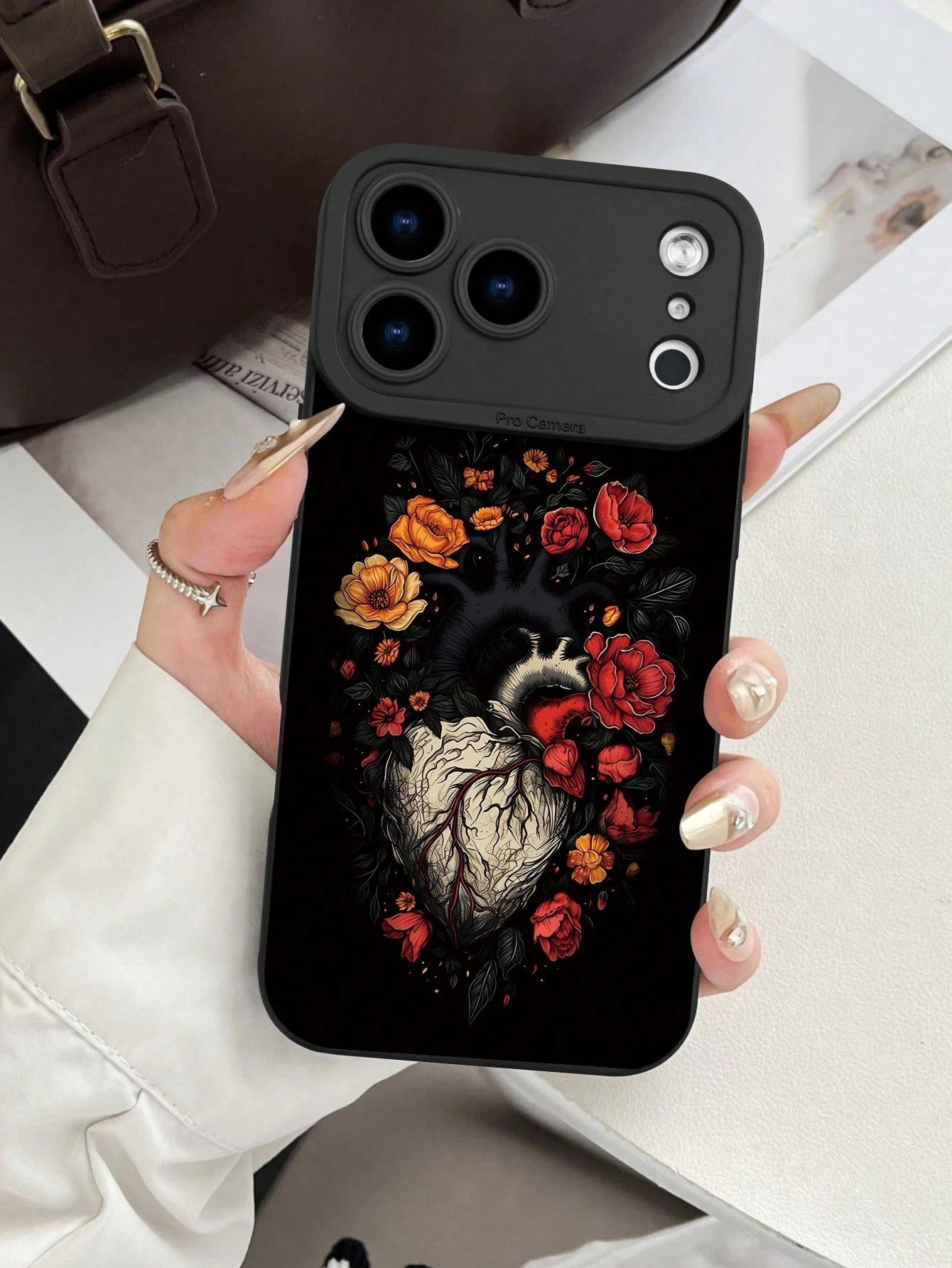 Fashionable Popular Personalized Anatomical Heart Floral Pattern Design Theme Luxury Shockproof Aesthetic Cute Phone Case With Lens Protrusion Protection Compatible With For IPhone 17/17Pro/17Pro Max