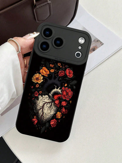 Fashionable Popular Personalized Anatomical Heart Floral Pattern Design Theme Luxury Shockproof Aesthetic Cute Phone Case With Lens Protrusion Protection Compatible With For IPhone 17/17Pro/17Pro Max