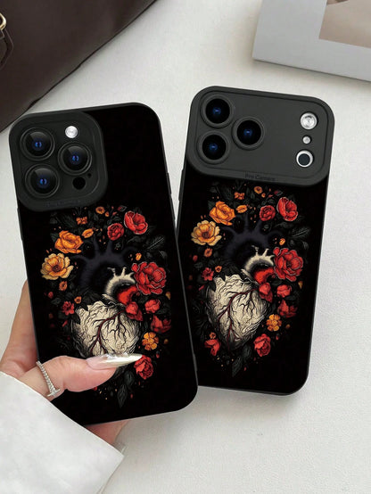 Fashionable Popular Personalized Anatomical Heart Floral Pattern Design Theme Luxury Shockproof Aesthetic Cute Phone Case With Lens Protrusion Protection Compatible With For IPhone 17/17Pro/17Pro Max