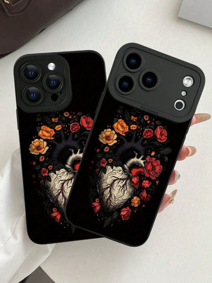 Fashionable Popular Personalized Anatomical Heart Floral Pattern Design Theme Luxury Shockproof Aesthetic Cute Phone Case With Lens Protrusion Protection Compatible With For IPhone 17/17Pro/17Pro Max