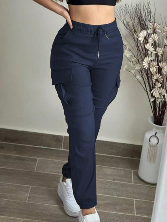 Fashionable Solid Color Simple Pocketed Elastic Waist Drawstring Loose Cargo Pants Spring
