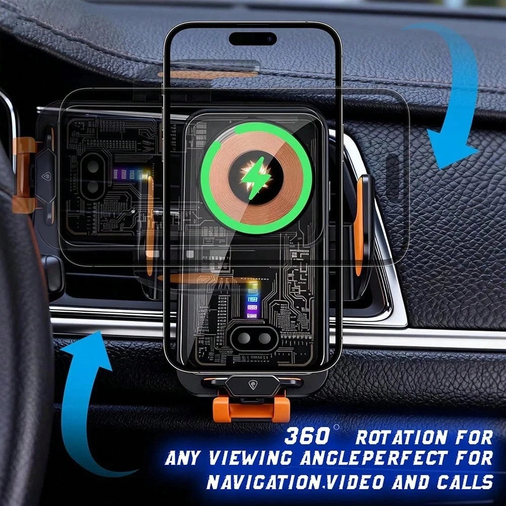 Fast Wireless Car Charger Wireless Charging Phone Mount For Car Magnetic Navigation Car Phone Holder Automatic Smart Sensor Clamping Rotating With Charger Station Fast Wireless Charger Max 66W(Black)