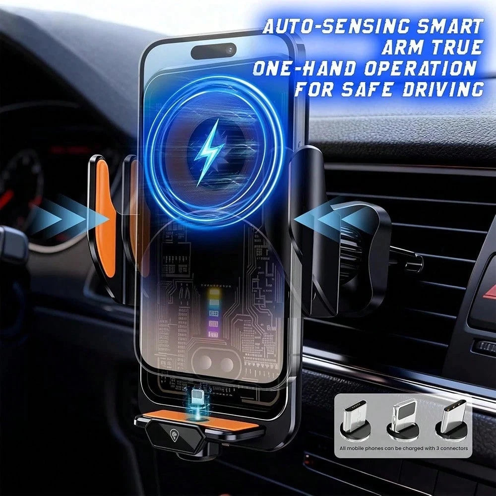 Fast Wireless Car Charger Wireless Charging Phone Mount For Car Magnetic Navigation Car Phone Holder Automatic Smart Sensor Clamping Rotating With Charger Station Fast Wireless Charger Max 66W(Black)