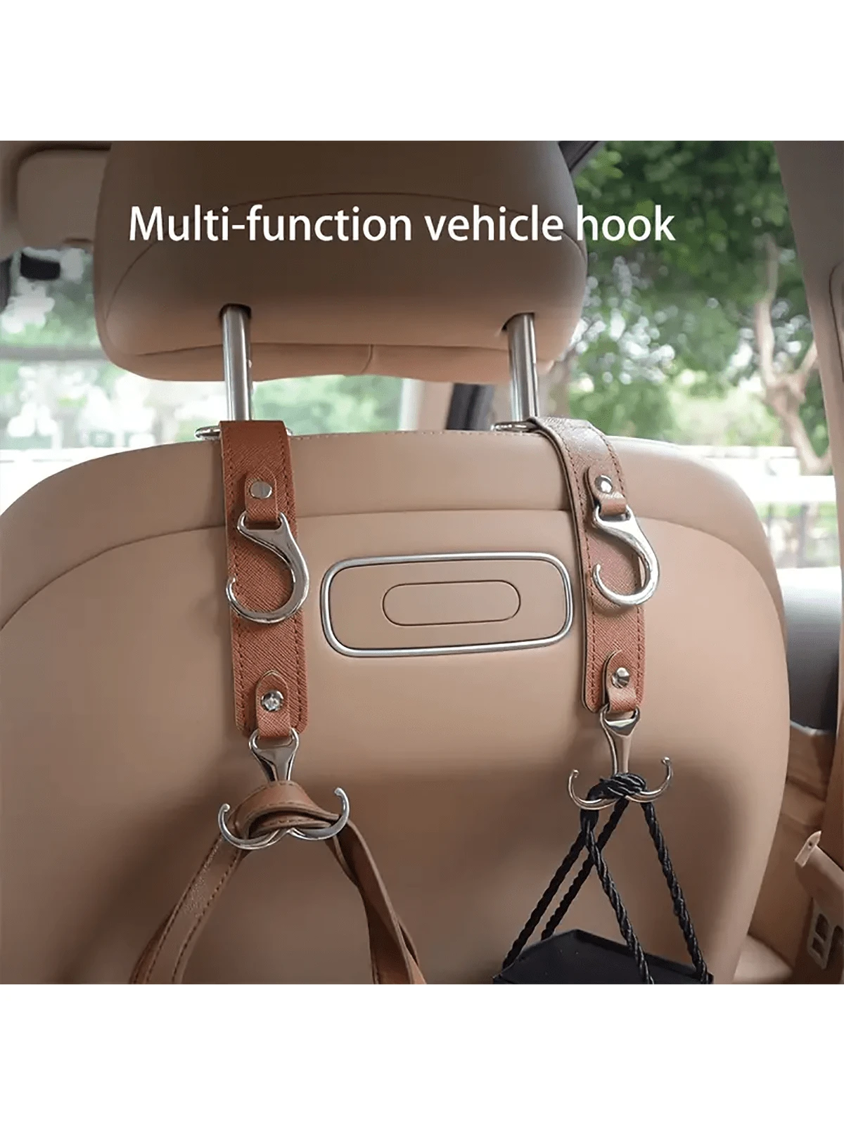 Faux Leather Car Seat Back Hooks- Perfect For Grocery Bags, Coats, Umbrellas & Handbags- Fit Vehicle Accessories