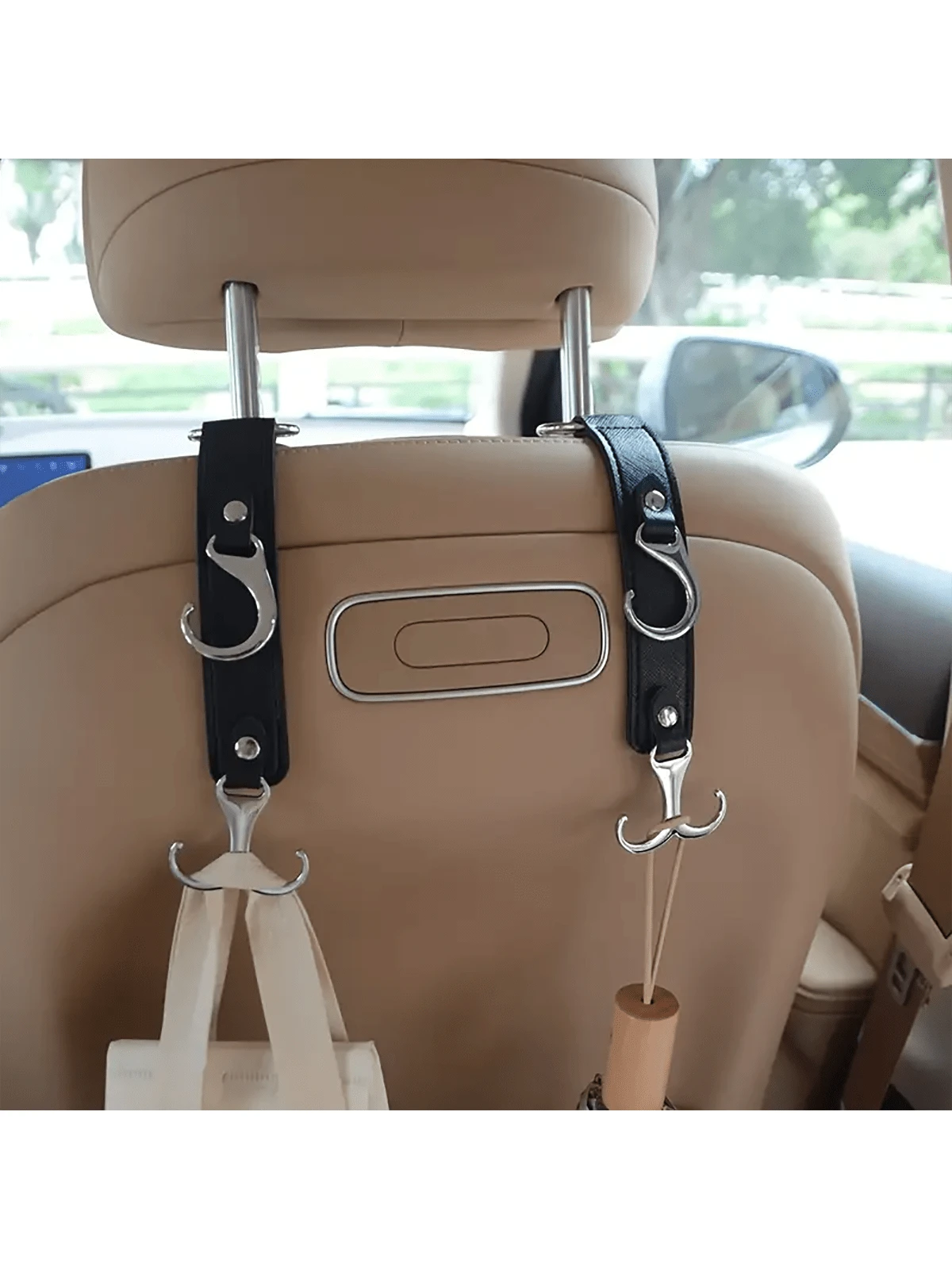Faux Leather Car Seat Back Hooks- Perfect For Grocery Bags, Coats, Umbrellas & Handbags- Fit Vehicle Accessories