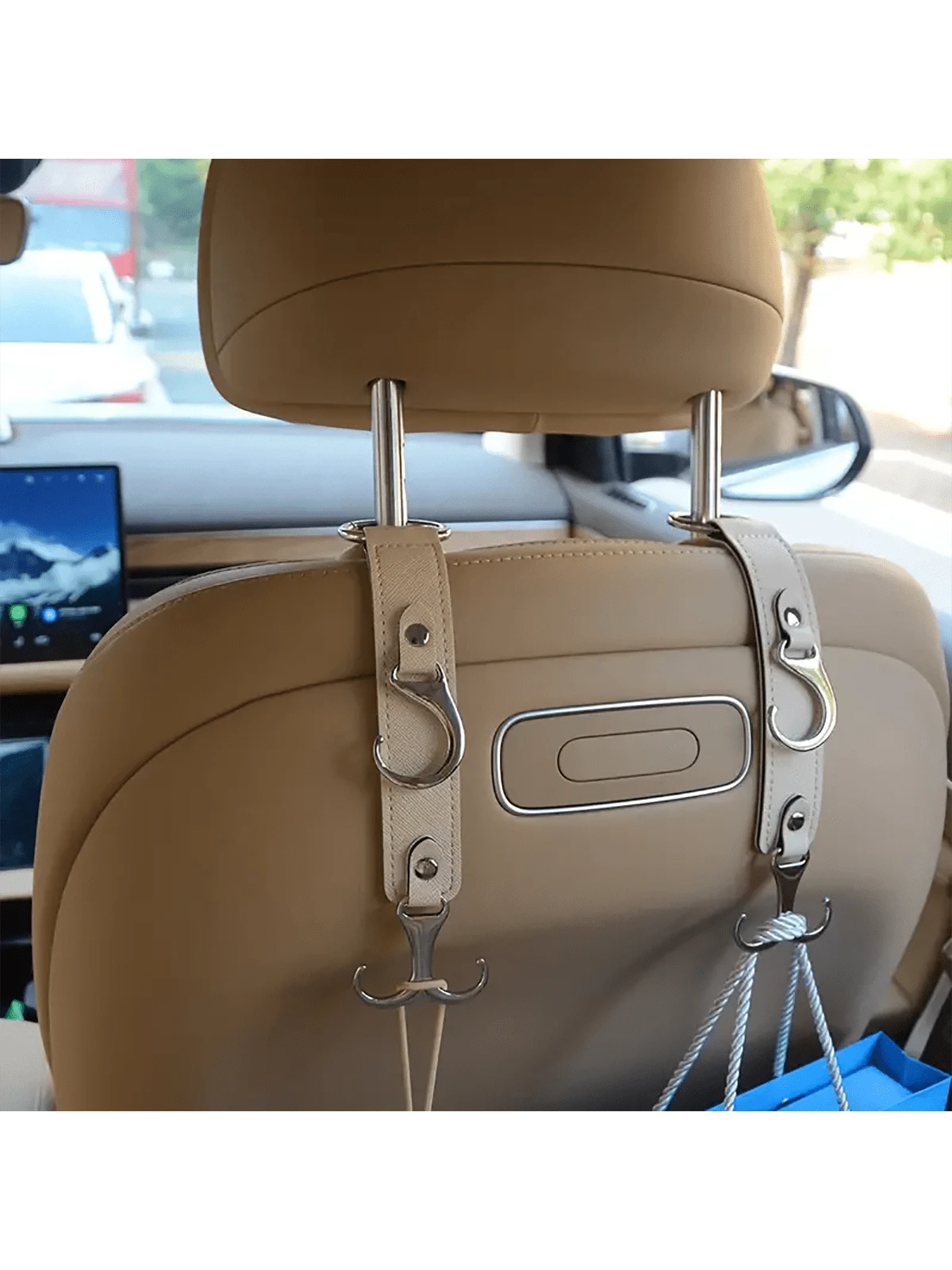 Faux Leather Car Seat Back Hooks- Perfect For Grocery Bags, Coats, Umbrellas & Handbags- Fit Vehicle Accessories