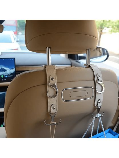 Faux Leather Car Seat Back Hooks- Perfect For Grocery Bags, Coats, Umbrellas & Handbags- Fit Vehicle Accessories