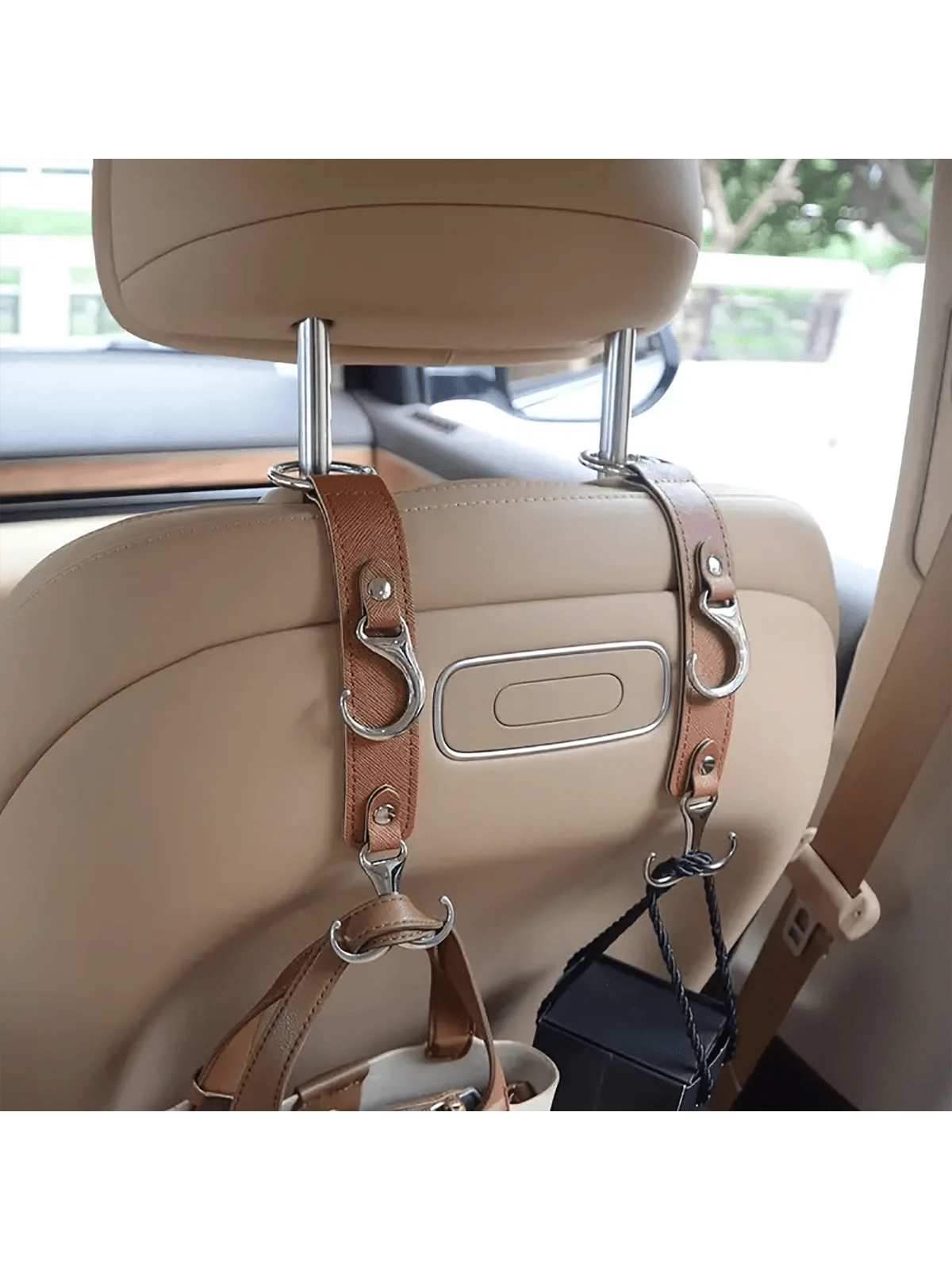 Faux Leather Car Seat Back Hooks- Perfect For Grocery Bags, Coats, Umbrellas & Handbags- Fit Vehicle Accessories