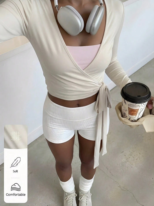 FavEase Women's Light Beige Yoga Sports Wrap Cardigan,Soft & Stretchy V-Neck Long Sleeve Cropped Fitted Tee,Summer Casual Workout Fashionable Minimalist Top
