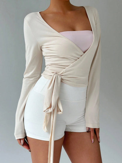 FavEase Women's Light Beige Yoga Sports Wrap Cardigan,Soft & Stretchy V-Neck Long Sleeve Cropped Fitted Tee,Summer Casual Workout Fashionable Minimalist Top