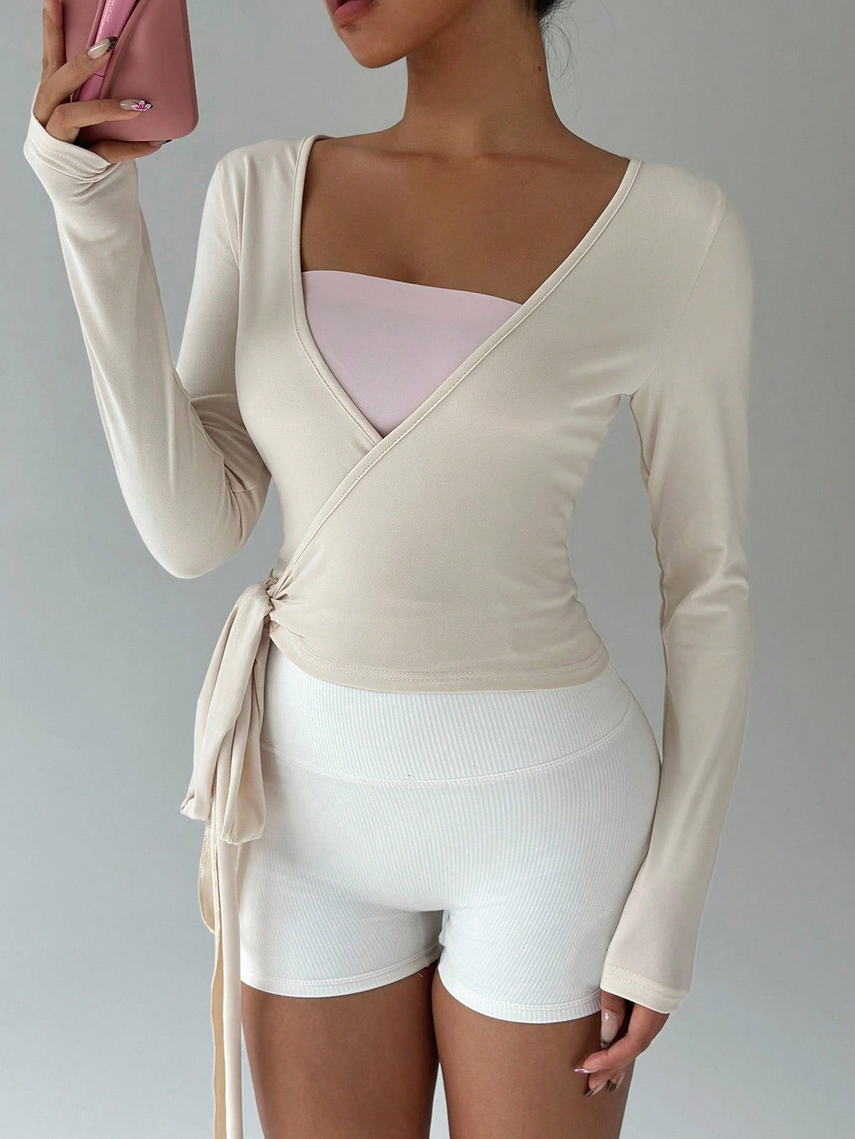FavEase Women's Light Beige Yoga Sports Wrap Cardigan,Soft & Stretchy V-Neck Long Sleeve Cropped Fitted Tee,Summer Casual Workout Fashionable Minimalist Top