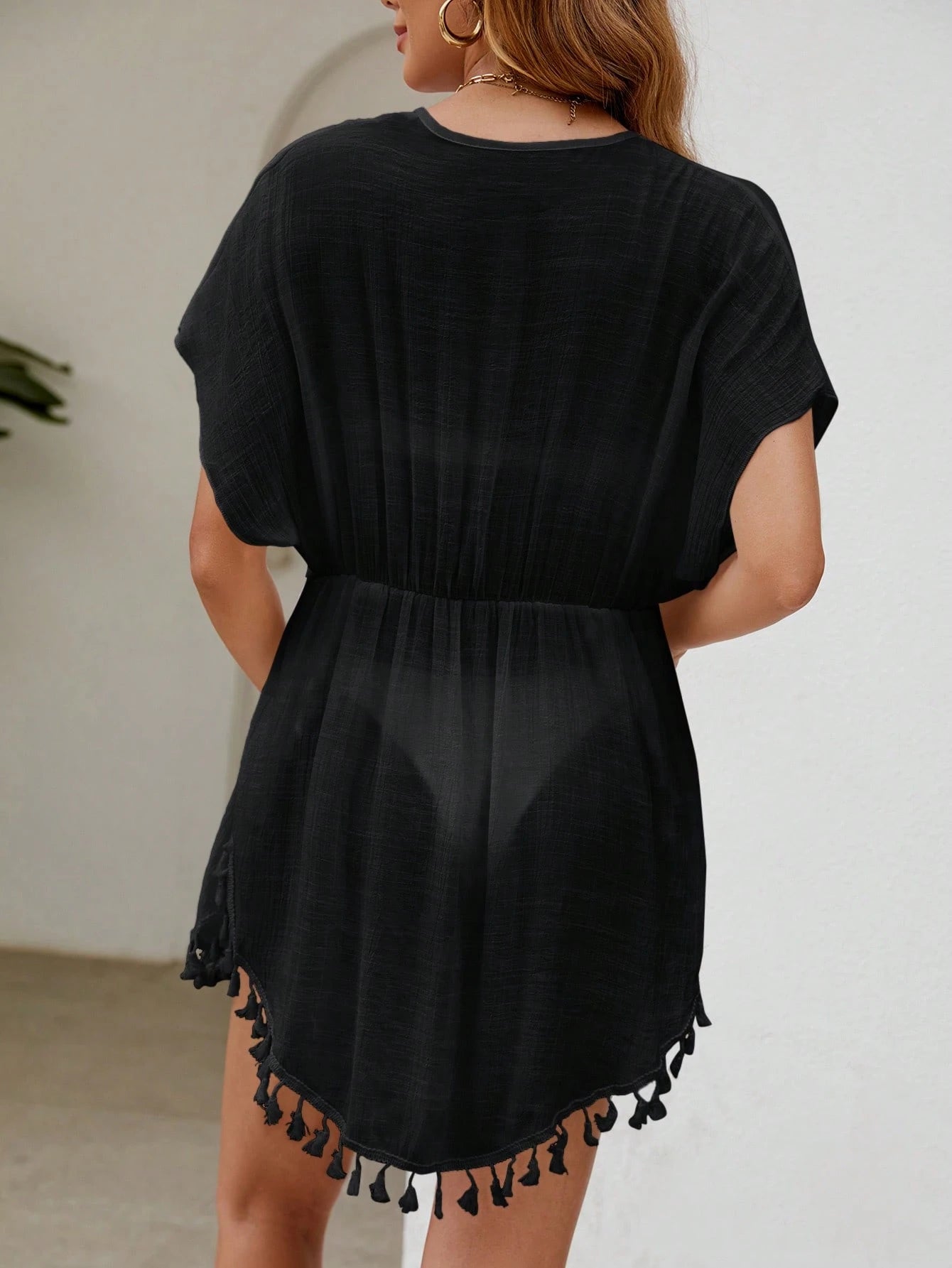 Fembélia Women's Solid Color Minimalist Short Sleeve Kimono Cover Up, Everyday Wear