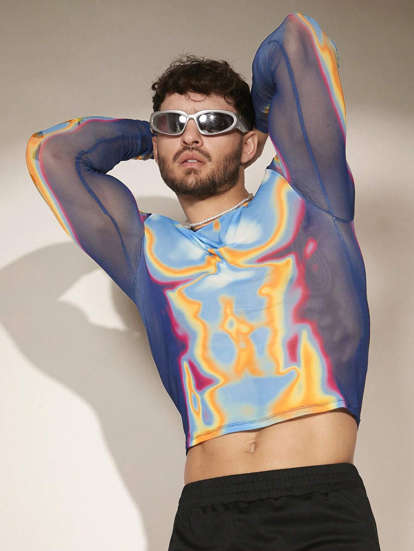 FeverCity Men Body Heat Map Graphic Print Sheer Mesh Funny Long Sleeve Tee, Boyfriend Gift, Going Out, Summer, Fall