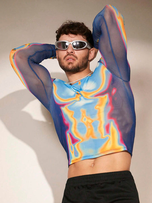 FeverCity Men Body Heat Map Graphic Print Sheer Mesh Funny Long Sleeve Tee, Boyfriend Gift, Going Out, Summer, Fall
