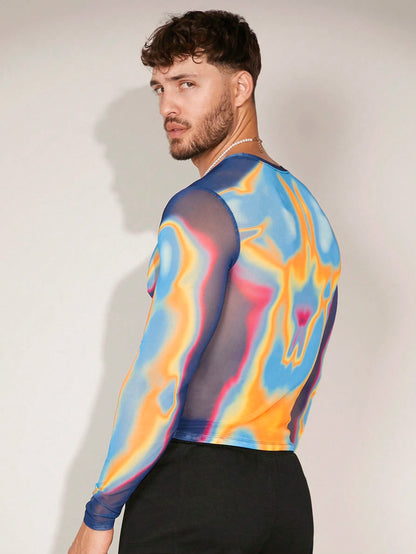 FeverCity Men Body Heat Map Graphic Print Sheer Mesh Funny Long Sleeve Tee, Boyfriend Gift, Going Out, Summer, Fall