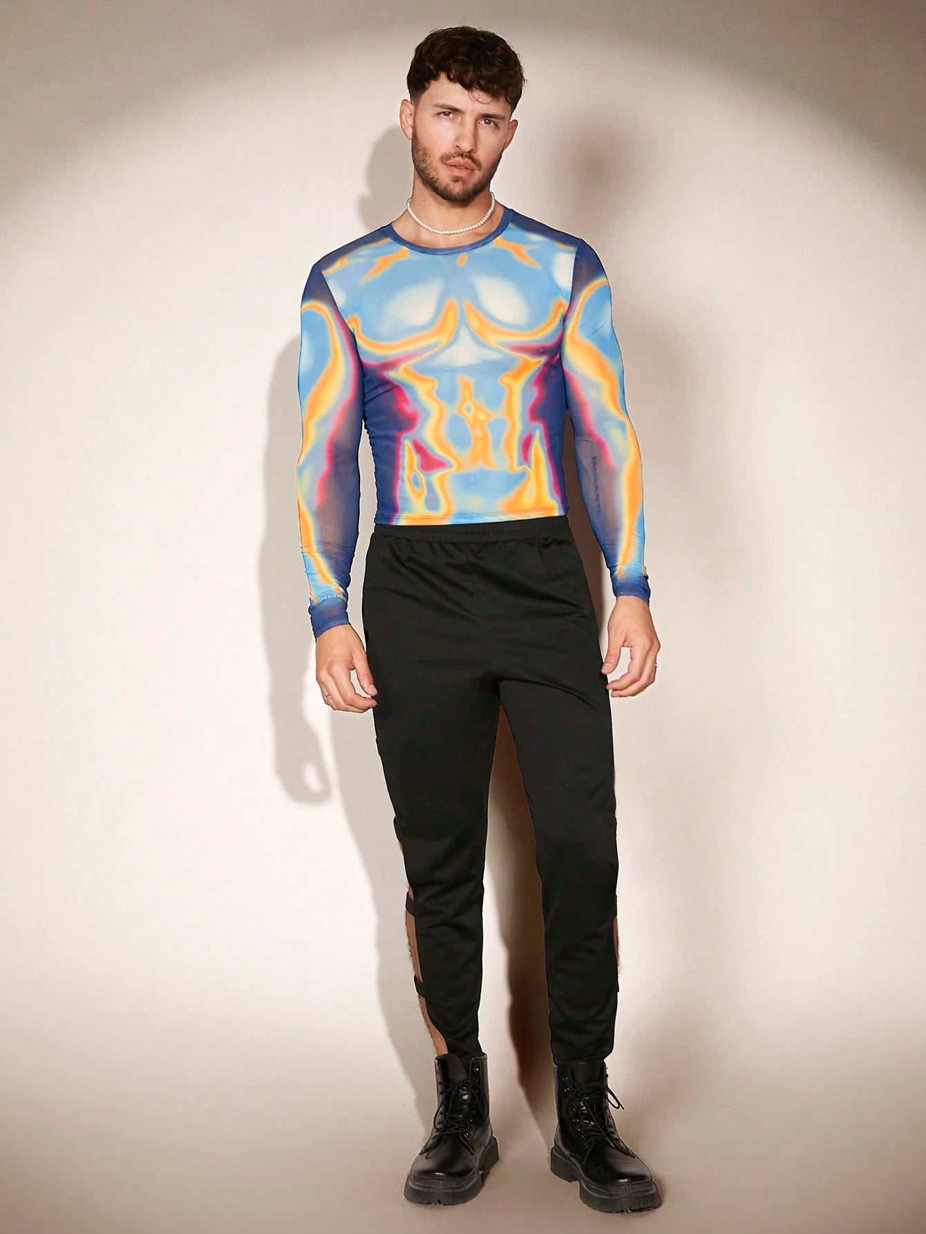 FeverCity Men Body Heat Map Graphic Print Sheer Mesh Funny Long Sleeve Tee, Boyfriend Gift, Going Out, Summer, Fall