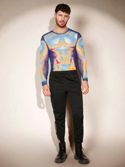 FeverCity Men Body Heat Map Graphic Print Sheer Mesh Funny Long Sleeve Tee, Boyfriend Gift, Going Out, Summer, Fall